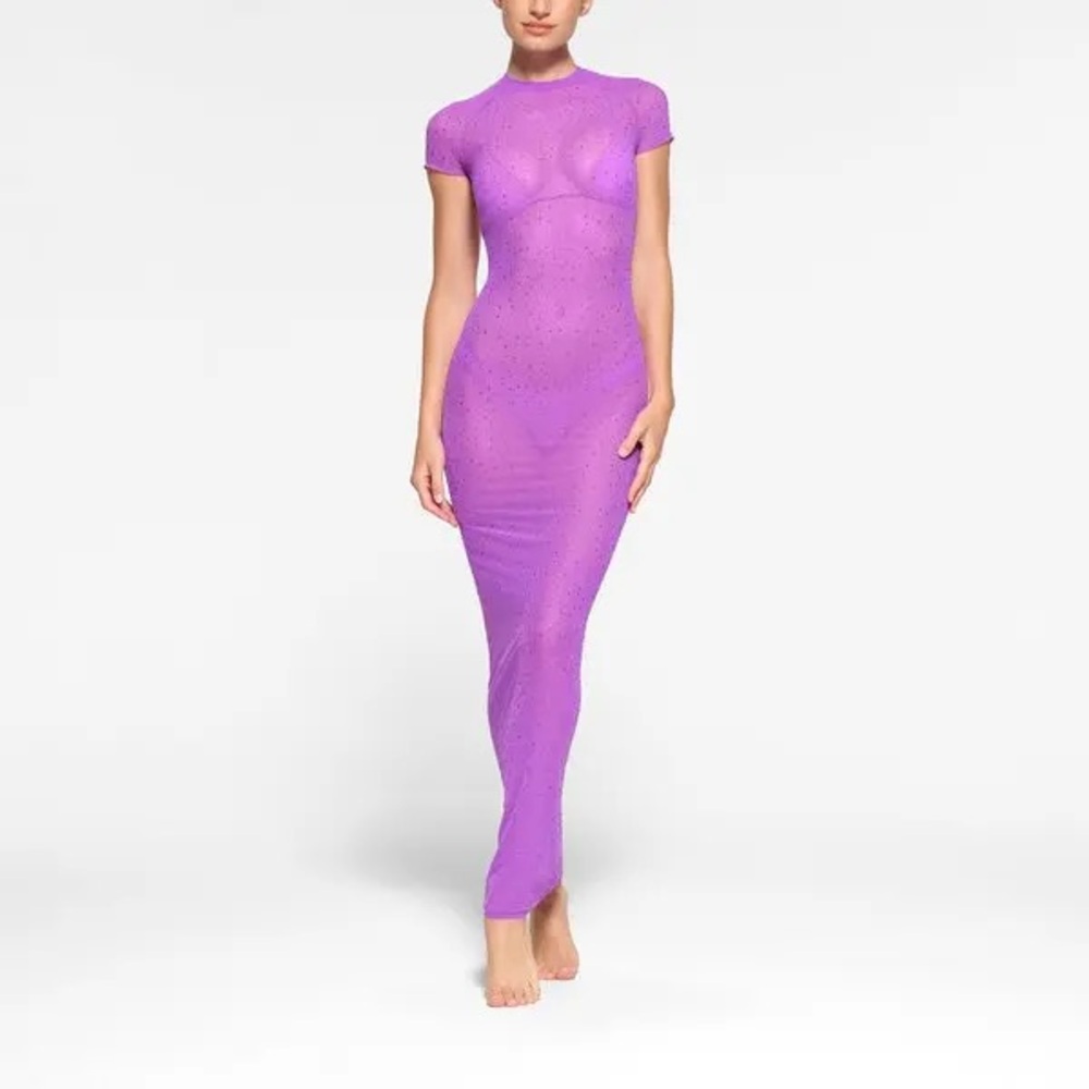 SKIMS Purple Mesh Rhinestone Swim Cover Up Long Dress